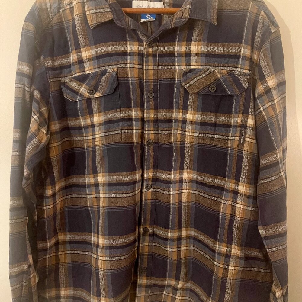 Men's Columbia Omni Wick Button-Up Blue and Yellow Plaid Flannel, XL